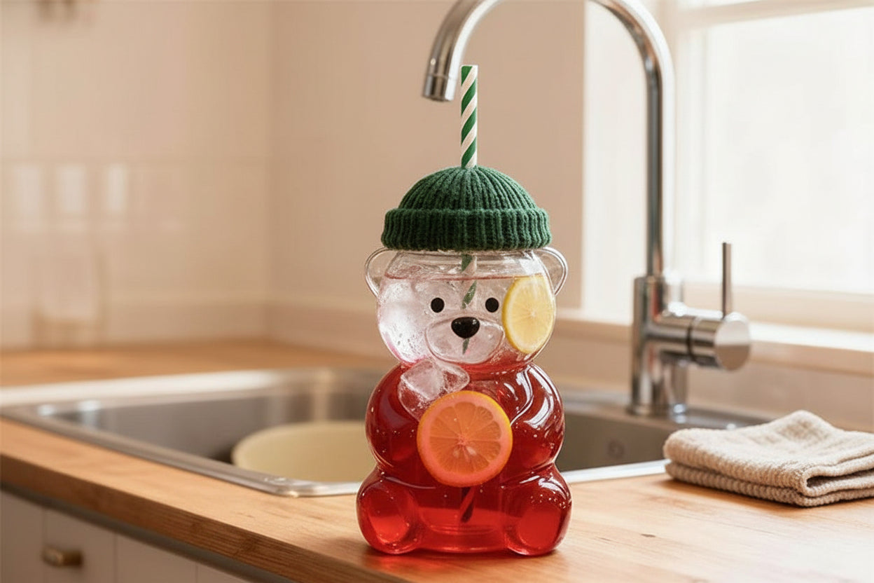 Bear glass cup with festive green hat lid - seasonal drinkware detail
