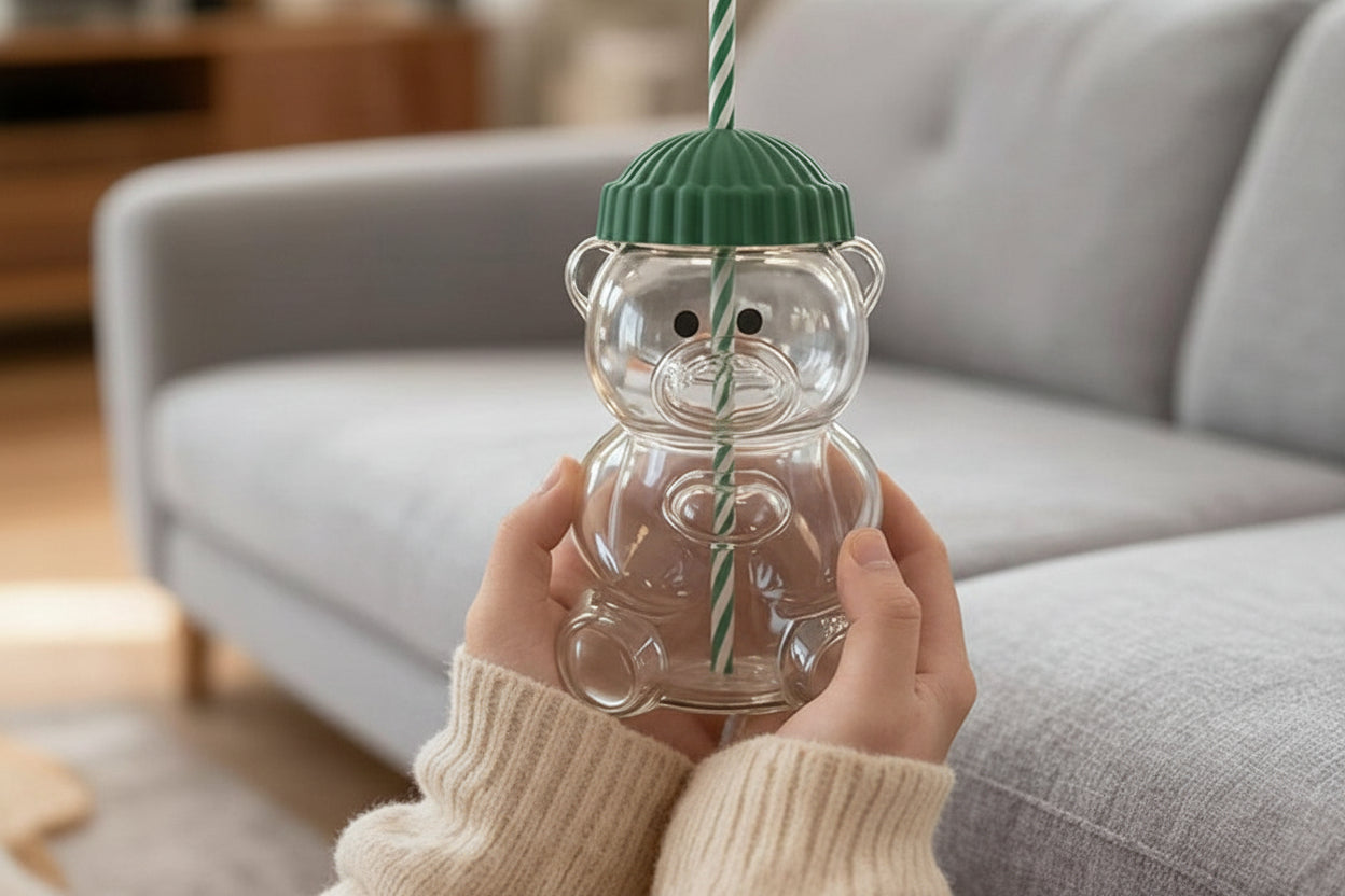 Bear shaped glass cup side view - festive coffee and cold drink container


