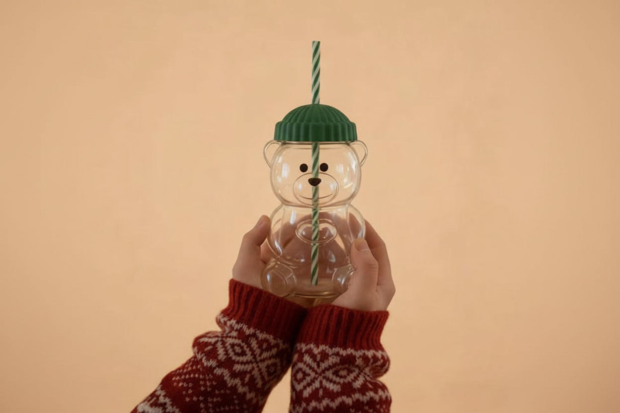 Holiday bear drinkware set - glass cup with matching straw and lid