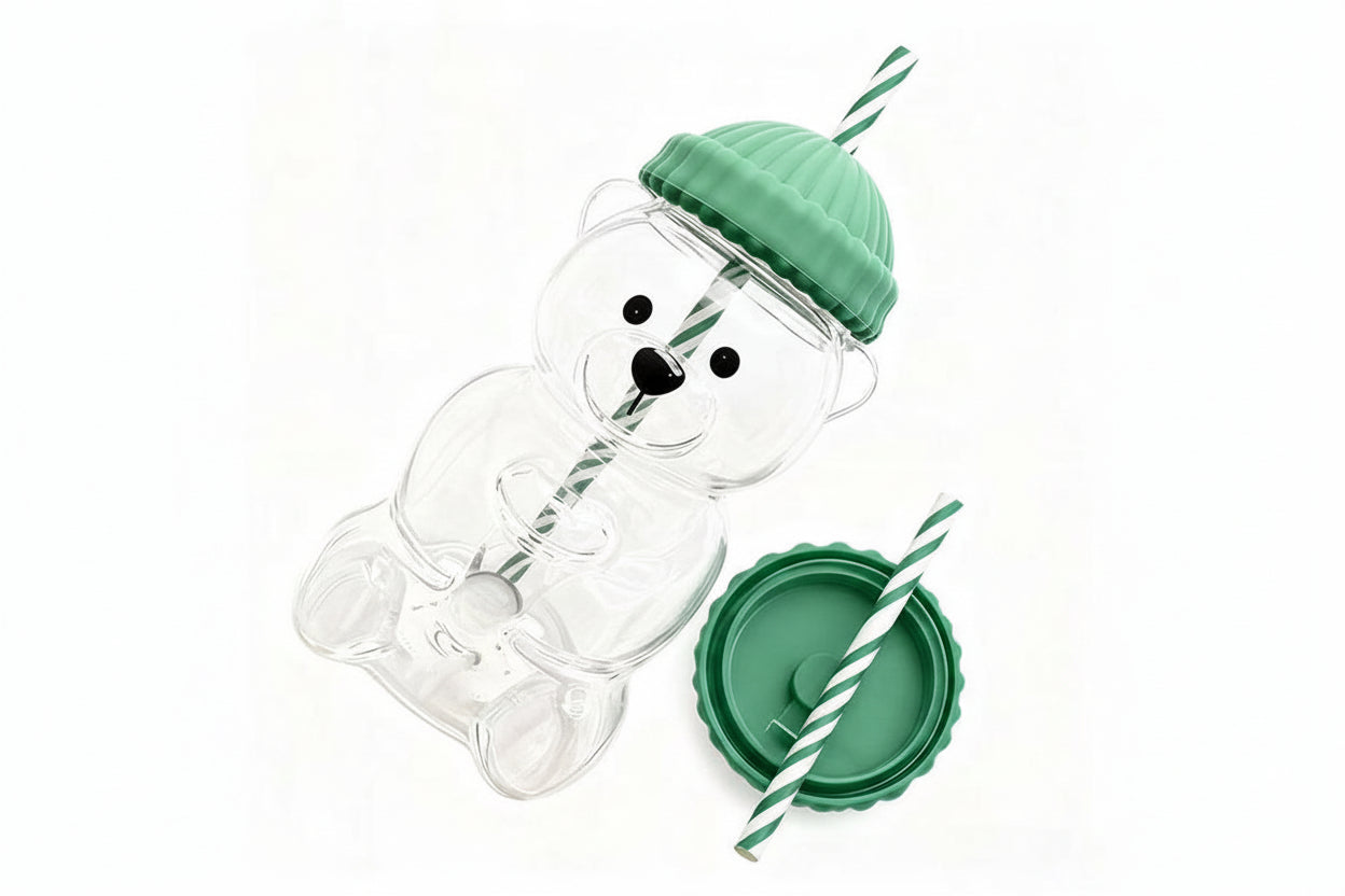 Cute bear cup with green Christmas hat - adorable seasonal beverage glass