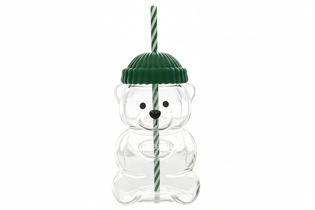 Holiday Bear Glass Cup with green hat lid and reusable straw - festive drinkware 2025