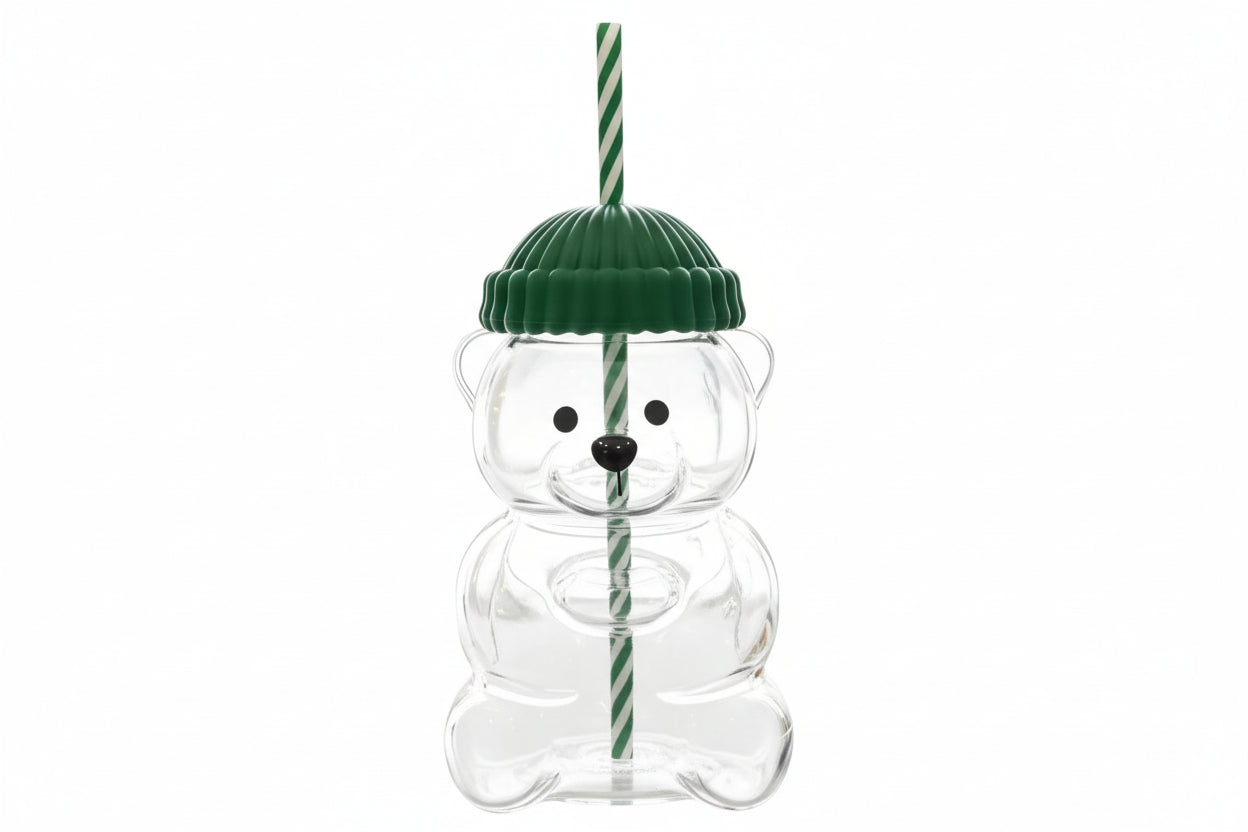 Holiday Bear Glass Cup with green hat lid and reusable straw - festive drinkware 2025