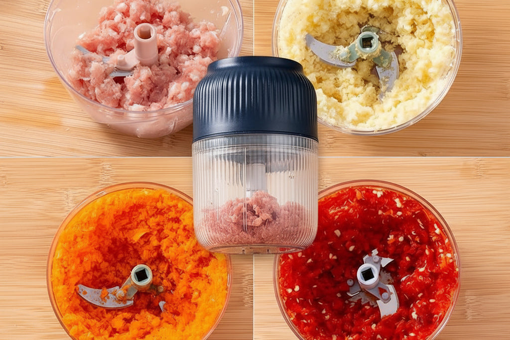 Cordless electric garlic chopper in use - portable veggie grinder for kitchen